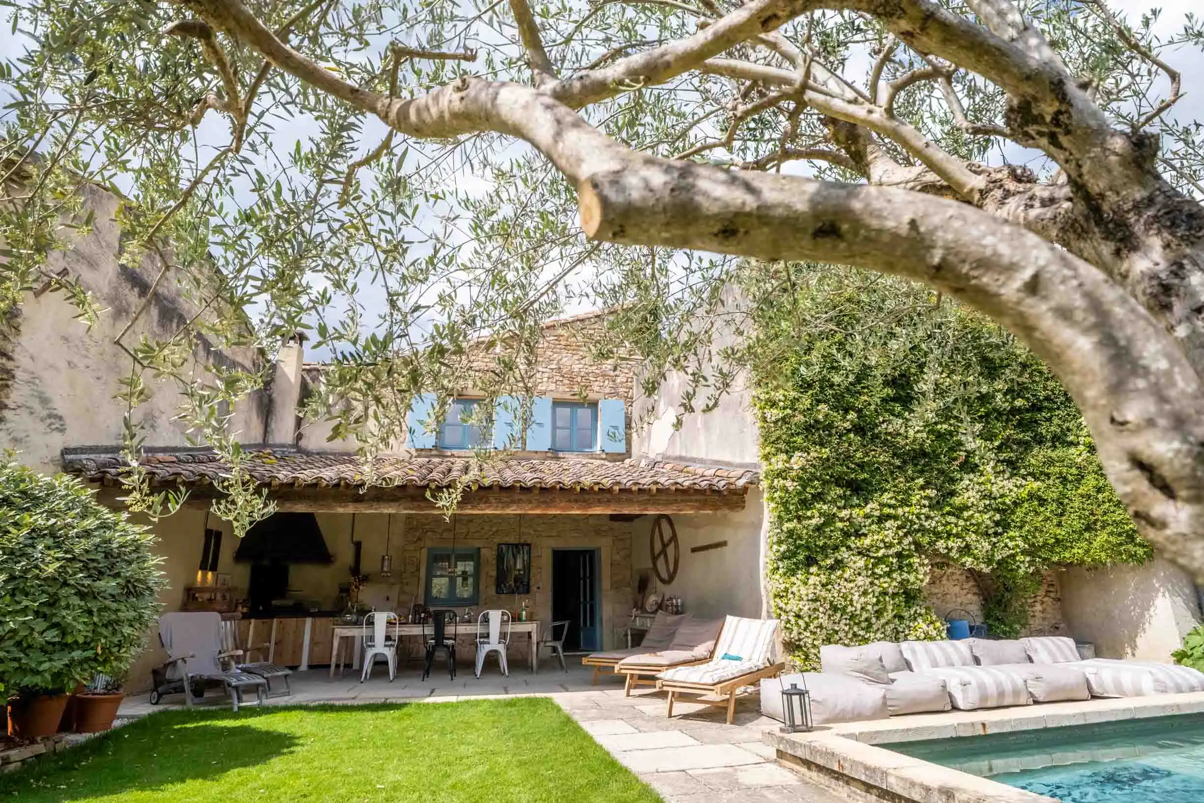 Terrasse d'une maison d'hôtes à l'ombre des oliviers, Drôme Provençale